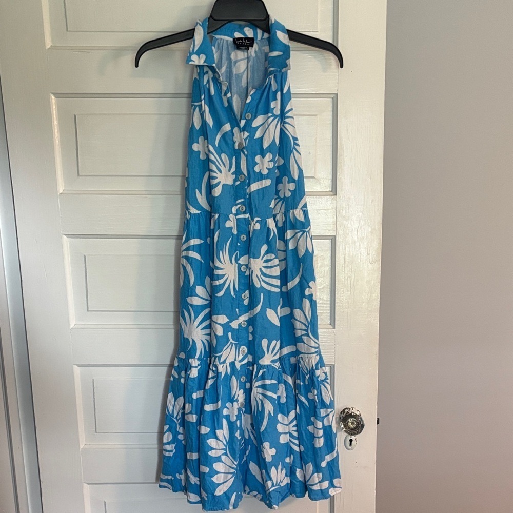 Nicole Miller Blue and White Floral Midi Dress with Collar